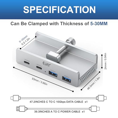 EJAY 4Ports 10Gbps USB-C HUB USB3.2 Clamp USB HUB Splitter,Mountable USB-C Adapter with Data & Power Cable for iMac 2021 and later-10Gbps(Sliver) - size: with 2 USB C&2 USB A