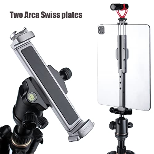 Full Metal Tablet Tripod Mount 7.9 -12.9 Inch Tablet Holder Horizontally & Vertically Position with 1 Rotatable Cold Shoe, 2 Arca Swiss Plate for iPad Video Camera Vlog Shooting Live Streaming