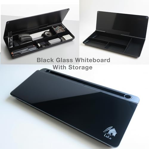 Black Glass Desktop Whiteboard – Modern Dry Erase Board with Storage Drawer for Desk Notes & Organization - color: Black Black