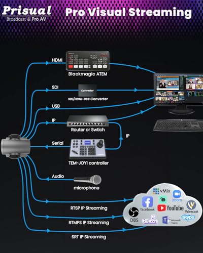 Prisual NDI PTZ Camera System Gen 5, NDI 6 & NDI HX3 Certified, 20X Optical Zoom, AI Auto Tracking, PoE HDMI SDI Bundle PTZ for Church Worship, PTZ Controller, (NDI PTZ Bundle TEM-20N PROx2+TEM-JOY1) - color: Steel Gray