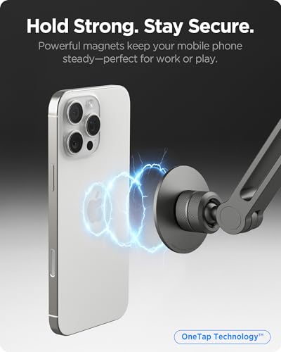 Spigen OneTap (Magfit) Adjustable and Flexible Phone Holder Clamp Stand with Magsafe, Overhead Mount Bed Accessories, Compatible with iPhone 16 15 14 13 12 Series & MagSafe Cases - Space Gray - size: Phone Holder Clamp Stand