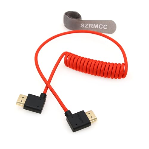 SZRMCC 8k 2.1 HDMI to HDMI Ultra High Speed Coiled Braided Cable for Z Cam E2 Sony FX6 FX9 Canon EOS C70 C300 Portkeys BM5 Atomos Ninjav V Shogun Monitor Left Right Angle - color: Red Braided Coiled,50cm, size: Left HDMI-Right HDMI