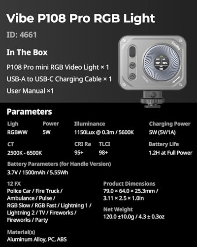 SMALLRIG Vibe P108 Pro RGB Video Light, Portable Led Camera Light for Photography, Cold Shoe Light, CRI95+, 2500-6500K, 12 Effects, Fill Light Accessories for Content Creator, Streaming