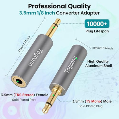 3.5mm 1/8Inch Stereo to Mono Audio Adapter 2Pack,1/8" TRS Stereo (Female) Jack to Mono (Male) Plug Headphone Accessories Converter Connector Gold-Plated Plugs & (Aluminum Shell) for Headphone, Radio - style: 2 Pack