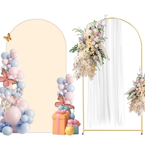 Metal Arch Backdrop Stand and Cover Set, 7.2FT Beige Reusable Spandex Fitted Backdrop Cover and Gold Wedding Arch Frame for Baby Shower, Birthday, Parties Decoration. - color: Beige, size: 7.2ft