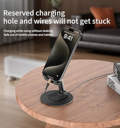 360° Rotating Cell Phone Stand for Desk, Adjustable & Foldable Phone Holder, Aluminum Desktop Phone Stand with Anti-Slip Base, Compatible with iPhone, iPad, Android Phones, K39B-Black