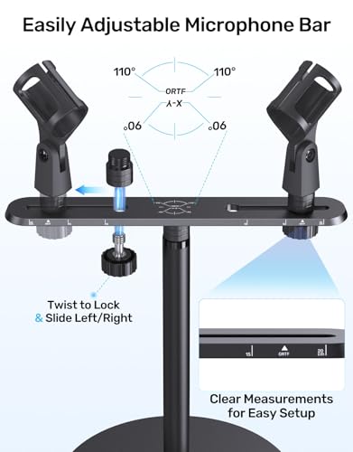 Desktop Stereo Array Spacing Mic Stand with Weighted Base & Adjustable Positioning Bar – Dual Microphone Mount Holder for XY/ORTF Recording, Ideal for Podcasting, Studio and Tabletop Use - size: Mic Bar with Stand