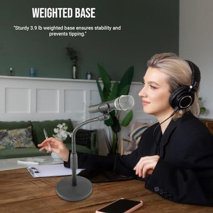 Telescoping Desktop Gooseneck Mic Stand, Adjustable 12–18″ Height with 6″ Flexible Arm, Heavy 3.9 lb Weighted Base, Mic Clip & Adapter – Ideal for Podcasting & Streaming - size: 12-18 inch
