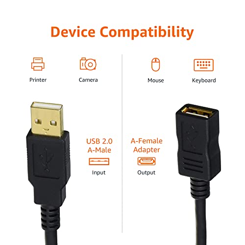 Amazon Basics USB-A 2.0 Extension Cable, Male to Female, 480Mbps Transfer Speed, 6.5 Foot, Black - size: 6.5 Feet, style: 1-Pack