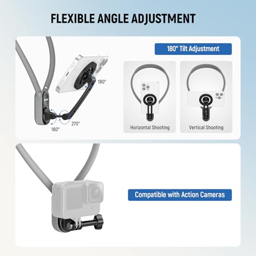 NEEWER Magnetic Neck Holder for Action Camera Phone Hands Free Neck Tripod Chest Mount Compatible with GoPro DJI Insta360 iPhone Android Phone Holder for POV Vlog, Gray, GP16 - style: GP-16(Gray)