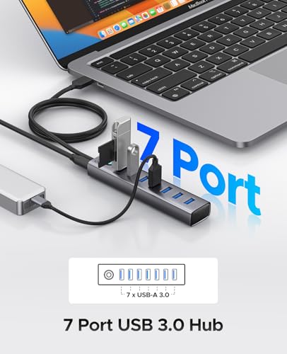 ORICO 7-Port USB 3.0 Hub, Aluminum USB Multiple Adapter, 5Gbps USB Extender USB Splitter with 3.28Ft Cable, UBS-A Hub Long Cable for Desktop, PC, Flash Drive, Mobile HDD, Windows/XPS - size: 3.28Ft