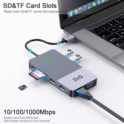 USB Docking Station GIQ USB C HUB USB 3.0 to Dual HDMI VGA Adapter Triple Display USB C Laptop Docking Station Dual Monitor HDMI Splitter Extender Compatible with MacBook M1 M2 M3 M4 M5 USB Dock - color: Gray