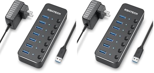 USB 3.0 Hub, RSHTECH 7 Port Powered USB Hub Expander Aluminum USB 3.0 Data Port hub with Universal 5V AC Adapter and Individual On/Off Switches USB Splitter for Laptop and PC(Black) (Pack of 2) - size: 518-2A (Pack of 2)