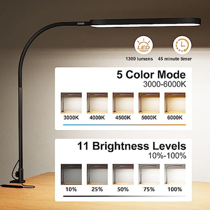 SKYLEO Led Desk Lamp - Desk Light for 33.5" Tall - Flexible Gooseneck - 5 Color Modes X 11 Brightness Levels - 1300LM - Timmer & Memory Function - 12W Clip on Light - Black - style: Black gooseneck