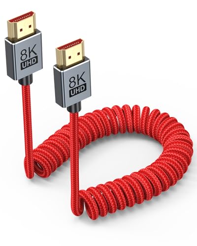 8K Short Coiled HDMI Cable 1FT-3.3FT, High Speed 48Gbps Stretche HDMI 2.1 Cord Red Braided-8K@60Hz, 4K@240Hz, HDR, eARC, VRR for Professional Camera, Gimbal, Field Monitor, PS5, Xbox,Apple TV - color: Red