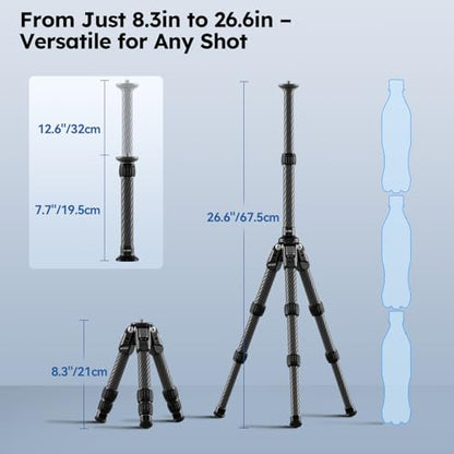 SIRUI Mini Carbon Fiber Tripod with Extendable Center Column, Max Height 26", Supports 33lbs - Ultra-Light 1.7lbs for Desk & Travel, New Anti-Corrosion Carbon Fiber(AM-223S+SL-100S) - style: Center Column Tripod
