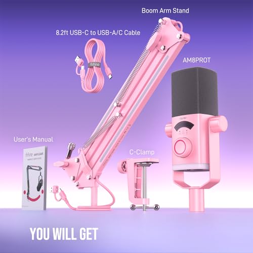 FIFINE XLR/USB Gaming Microphone Kit with Boom Arm Stand, RGB Streaming Mic for Computer Compatible with PC/PS4/PS5, Podcast Mic Set with Headphone Jack, Volume Knob, Mute-AmpliGame AM8PROT Pink - color: Pink
