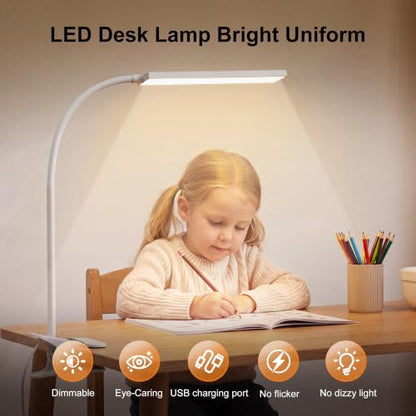 Vansuny Clip on Light LED Desk Lamp with Metal Clip, 6 Level Brightness 3 Color Modes, Power by USB Port 5W Adjustable Neck Eye-Caring Reading Light for Home and Office, White - color: White