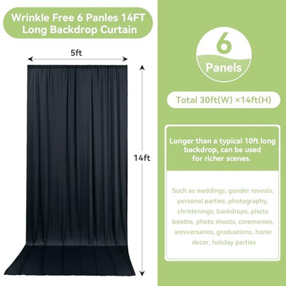 30ftx14FT Wrinkle Free Black Backdrop Curtain, 6 Panels 14FT Height Black Wedding Backdrop Drapes, Silky Polyester Back Drop Cloth for Birthday Photography Background Party Backdrop Draping - color: Black, size: (W)5ft x (H)14ft (6 Panel)