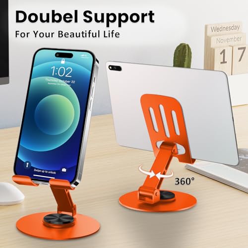 Universal Metal Cell Phone Stand, Multi-Angel Adjustable 360° Rotation Non-Slip Metal Phone Stand Compatible with iPhone 17 16 Pro Max and All Smartphones (Orange) - color: Orange