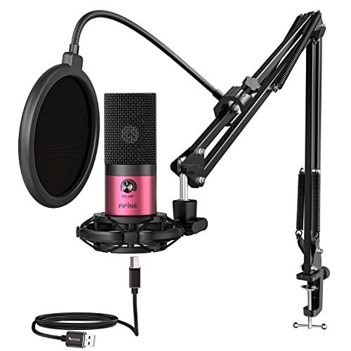 FIFINE Podcast Microphone Kit-USB PC Computer Recording Microphone, Condenser Mic Set for Streaming, Gaming, Voice-Over, Meeting, with Arm Stand, Shock Mount, Pop Filter-T669 Rose Red - color: Rose Red