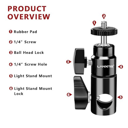 Rapid Adapter Convert with 1/4" Screw Mini Ball Head, 16mm Light Stand Mount Adapter for Studio Monitor Stand, Camera Mount, Photo Studio Photography Light Stand