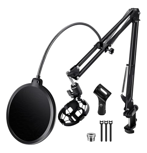 BILIONE Versatile Boom Arm Stand for Desk, Adjustable Microphone Stand Kit | With Pop Filter, Shock Mount, Microphone Clip, Cable Ties, Table clamp to allow for horizontal and vertical fixing - size: Boom Arm