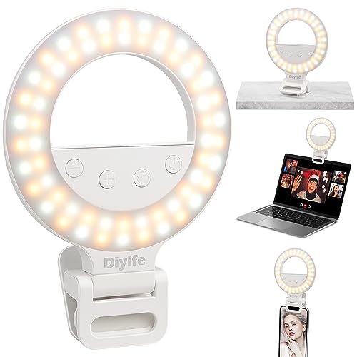 Diyife Selfie Ring Light, [360° Rotation] Rechargeable 1000mAh Selfie Light for Phone, 60 LED 10 Level Brightness Portable Phone Clip on Light for Laptop, Makeup, Vlog, TikTok, Video Recording