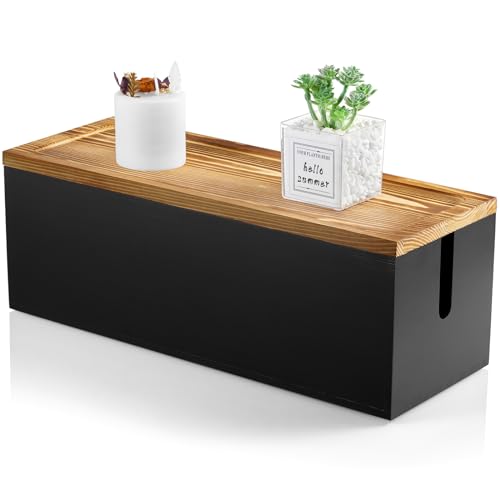 Bivvclaz Large Cable Management Box, Wooden Cord Organizer Box for Desk, Floor, Office to Hide Extension Cords Power Stripes Surge Protectors Chargers Wires, Black - color: Black, size: Large