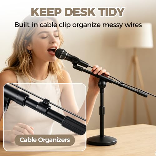 Microphone Stand Desk Adjustable, Boom Arm Desktop Mic Stand Metal Weighted Base, Height-Adjustable Compatible with Multiple Microphone Sizes