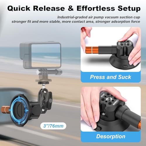 COMAN 3'' Suction Cup Camera Mount with Ball Head Magic Arm, Metal Camera Suction Mount for Action Cameras iPhone, Quick Release Car Mount with 1/4" & 3/8" Mounting Holes for Car Windshield Window - size: 3'' Suction Mount