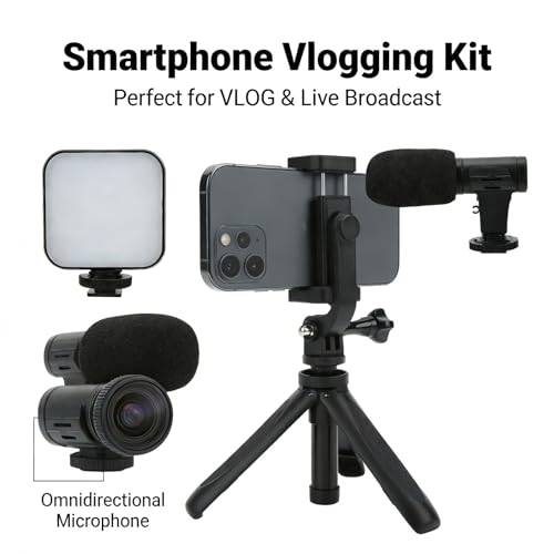Smartphone Vlogging Kit Live Broadcast Phone Video Microphone Kit with Fill Light Tripod and Phone Holder - 5 - in - 1 LED Fill Light, Desktop Stand Can Be Handheld, Ideal for Li