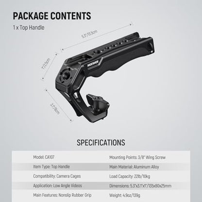 NEEWER Camera Top Handle with 3/8" Wing Screw & Locating Pins for ARRI, Nonslip Silicone Grip with 1/4" & 3/8" Threads, Cold Shoes, Compatible with SmallRig Camera Cage Accessories, CA107 - style: CA107