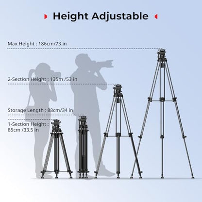 SMALLRIG 73''/186cm Heavy Duty Aluminum Alloy Video Tripod, Max Load 8kg (18lbs), Fluid Head with +85° to -78 Tilt Range, Compact Travel Tripod Weight 3.1kg(6.8lbs), Folded Height 88cm, AD-14