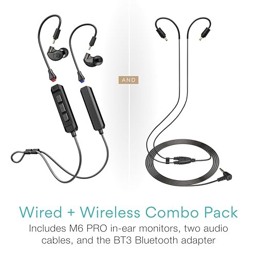 MEE audio M6 PRO Musicians' In-Ear Monitors Wired + Wireless Combo Pack: Includes IEMs, 2 Audio Cables and BT3 Hi-Res Bluetooth Audio Adapter w/aptX, LDAC, Auracast Support, & Built-In Headset (Black) - color: Black, style: IEMs + Bluetooth Adapter