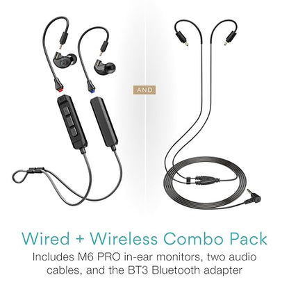 MEE audio M6 PRO Musicians' In-Ear Monitors Wired + Wireless Combo Pack: Includes IEMs, 2 Audio Cables and BT3 Hi-Res Bluetooth Audio Adapter w/aptX, LDAC, Auracast Support, & Built-In Headset (Black) - color: Black, style: IEMs + Bluetooth Adapter