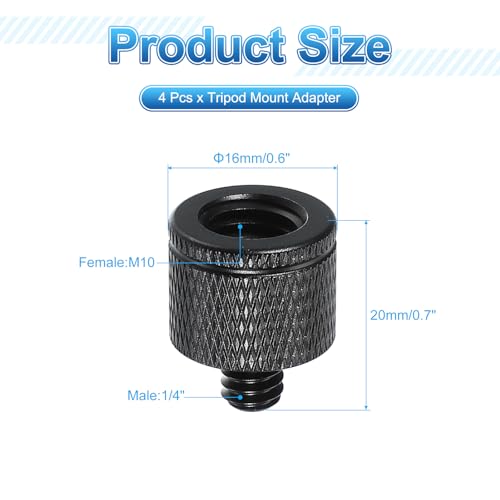 PATIKIL Tripod Screw Adapter M10 Female to 1/4" Male, 4 Pcs Tripod Nut Connectors Camera Mount Screw Camera Double Head Converter for Microphone Holder Magic Arms Accessories, 20 mm - size: M10 Female to 1/4" Male,20 mm