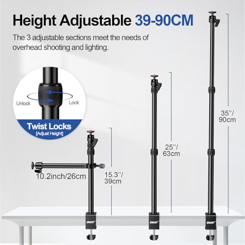 EMART Camera Desk Mount Table Stand, 39-90cm Adjustable Height with 360° Ball Head & 10.2'' Extension Arm, Max Load 4.4lb, Aluminum Tabletop C Clamp for Overhead Shooting, Live Streaming, Online Teach