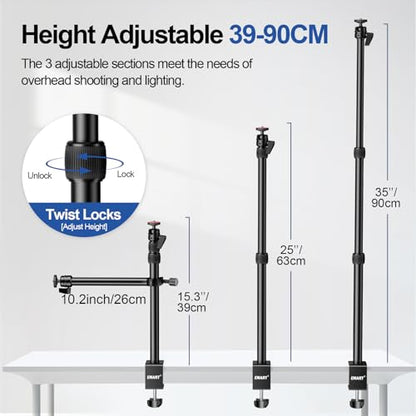 EMART Camera Desk Mount Table Stand, 39-90cm Adjustable Height with 360° Ball Head & 10.2'' Extension Arm, Max Load 4.4lb, Aluminum Tabletop C Clamp for Overhead Shooting, Live Streaming, Online Teach
