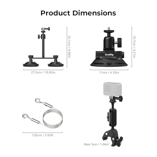 SMALLRIG Car Mount for Insta360 X5/X4/X3, for DJI OSMO 360 Camera, for GoPro, Triple Suction Cup Mount Kit with 120cm/47.2" Invisible Telescopic Selfie Stick, Ball Head, Magic Arm Clamp, Adapter -5843