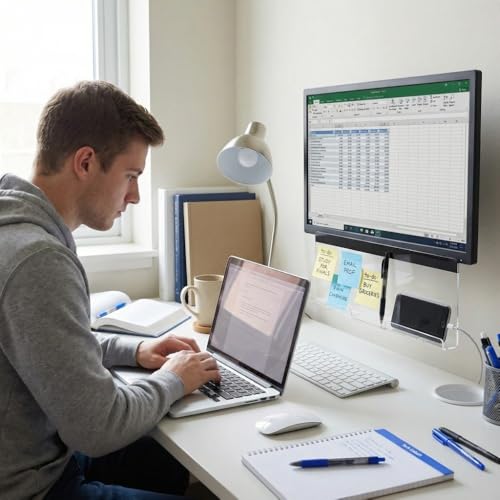 2Pcs Acrylic Monitor Memo Board with Charging Hole – Desktop Organizer for Notes, Phone Stand and Pen Holder, Transparent Office Accessory