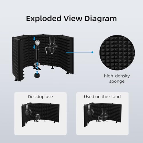 Microphone Isolation Shield – Foldable & Adjustable Soundproof Panel for Recording, Podcasting, Vocal Booth, Studio & Home Use (Five sides without stand) - size: Five sides without stand