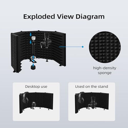 Microphone Isolation Shield – Foldable & Adjustable Soundproof Panel for Recording, Podcasting, Vocal Booth, Studio & Home Use (Five sides without stand) - size: Five sides without stand
