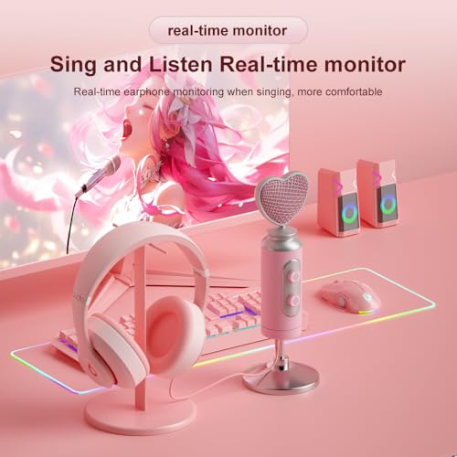 HB128 USB Gaming Condenser Mic Pink Heart Design, One-Click Mute Gain Control, Plug & Play, for PC/Console/Phone, Twitch/YouTube/TikTok, Streamers Gamers and Video Creators - color: HB128 desktop