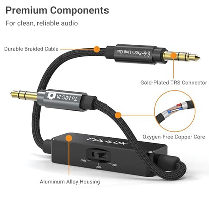 Cubilux 3.5mm TRS Line to Microphone Attenuator Cable, 3-Level (-10dB/-20dB/-30dB) Attenuation MIC Cord for DSLR Camera, Camcorder, 1 Feet