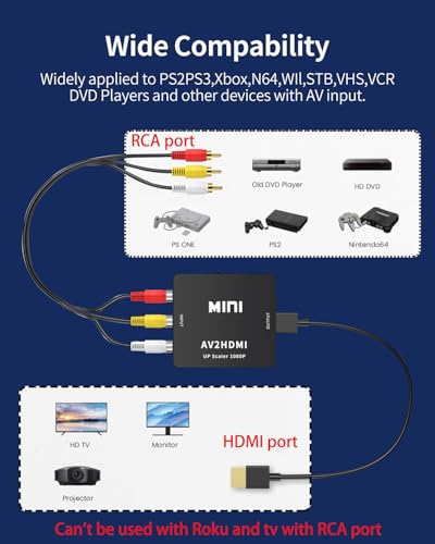 RCA to HDMI Converter, RCA to HDMI Adapter, 1080P Mini Composite CVBS AV to Hdmi Video Audio Converter Adapter for N64 Wii PS2 PS3 Xbox VHS(Only for TV with HDMI Port) - color: Converter (with RCA and HDMI Cables)
