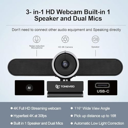 TONGVEO 4K Webcam Conference Call Room Web Camera with Dual Microphones &Speaker, | All-in-One USB Video Camera, 116° Wide Angle, AI Auto Framing | Compatible with Zoom, OBS