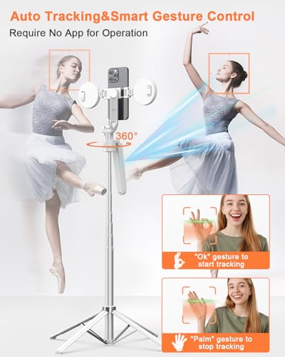 Yeaki 71” Auto Face Tracking Tripod for iPhone with Light,360° Rotating Phone Stand with Rechargeable Remote Control for TikTok Vlog, Phone Tripod for Android Camera/GoPro/Ring Light (White) - color: White