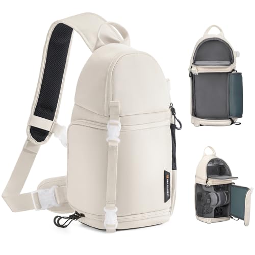 K&F CONCEPT Camera Sling Bag, Crossbody Shoulder Backpack for DSLR SLR Mirrorless Cameras, Travel Photography Bag with Tripod Holder, Compatible with Canon Nikon Sony, Beige - color: White, size: Medium