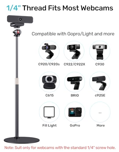 Webcam Stand for Desk, Raise Height Desktop Stand with Adjustment for Logitech Webcam C920 C922 BRIO, 360°Rotatable Ballhead Desktop Tripod for Live Streaming/Video Calling with 1/4" Thread - size: 15.3" - 25.8" in height
